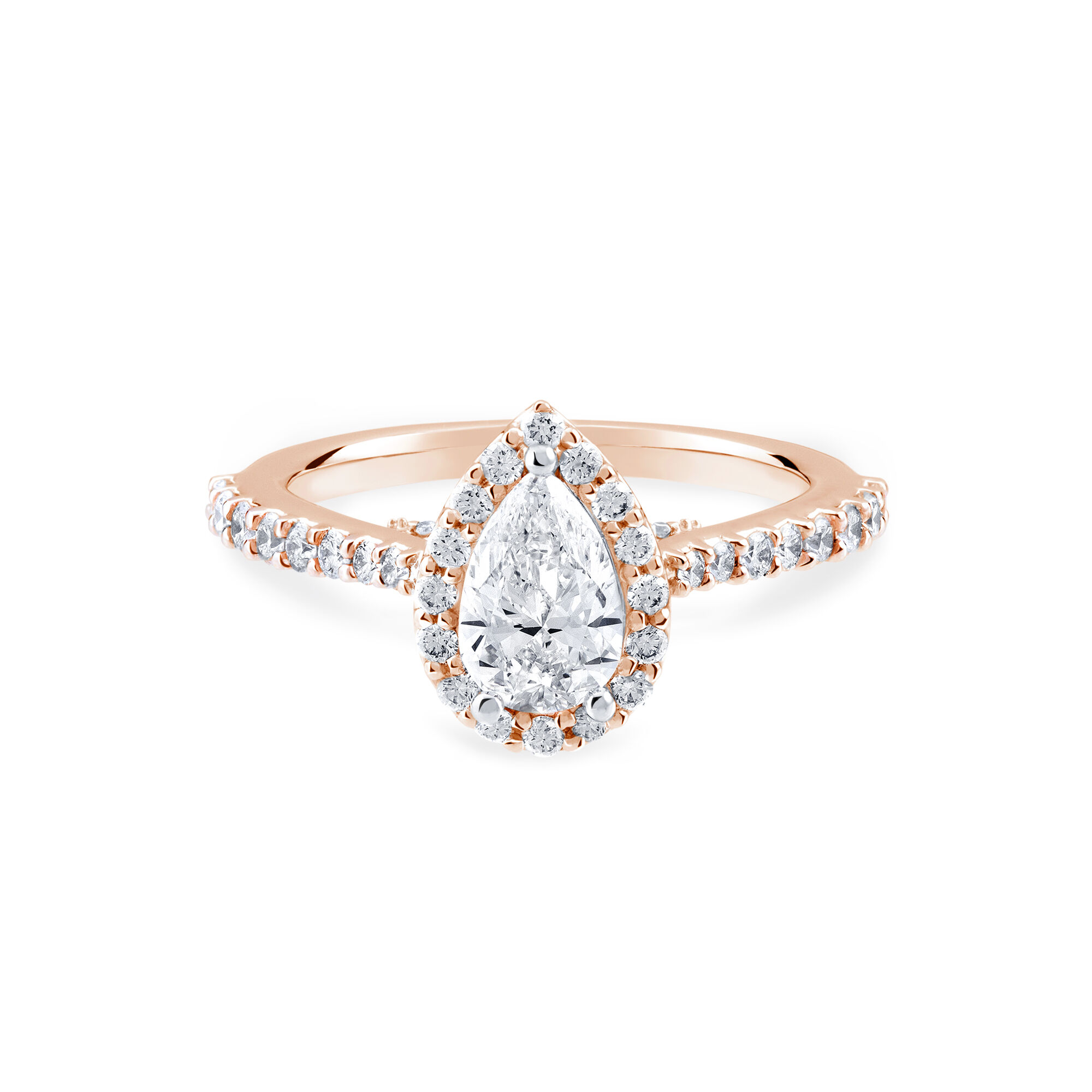 Rose Gold Pear Cut Diamond Engagement Ring with Halo Pav Band